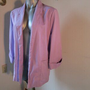 Lavender cotton-poly blazer lab jacket open front, lg pockets cuff sleeves